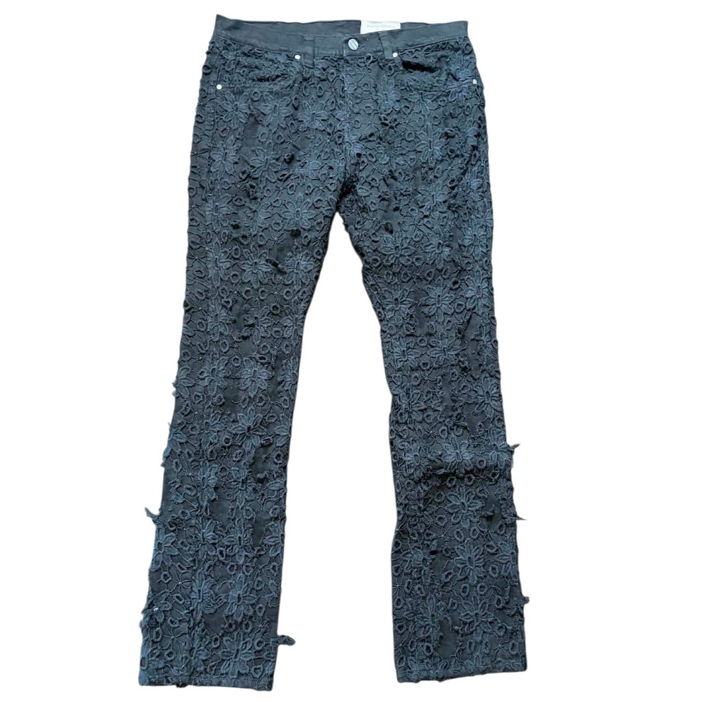 FWRD Denim New York Mens 36x36 Black Floral Lace Overlay Fit 2 Stacked Jeans